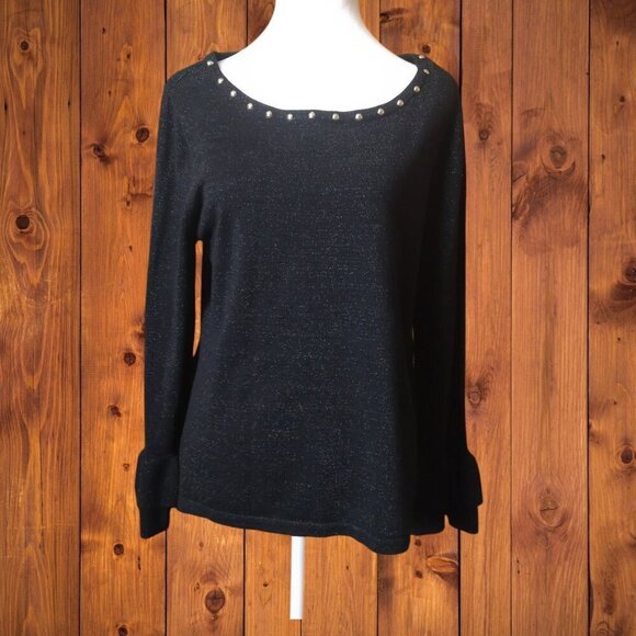 Black Rivet Women's Small Black Studded Metallic Pullover Ruffle Sleeve Sweater - Picture 1 of 5